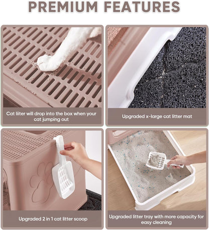 Cat Litter Box with X-Large Litter Mat and Scoop, Large Foldable Litter Box with Lid, Enclosed Kitty Box,Front Top Entry Exit, Odor Control Easy to Clean (Upgrade Coffee)