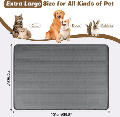 Cat Food Mat, 40" x 28" Extra Large Silicone Pet Feeding Mat with Raised Edge Pet Placemat for Food and Water Bowl Non-Slip, Easy to Clean, Floor Protection (Dark Grey)