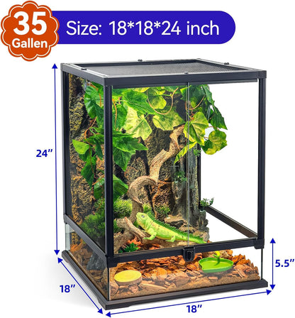 360° Clear View 35 Gallon 24x18x18 Glass Reptile Terrarium Suitable for Bearded Dragon, Chameleon, Crested Gecko, Multi-Pet Enclosure with Front Door, Excellent Ventilation, Hidden Wiring Holes