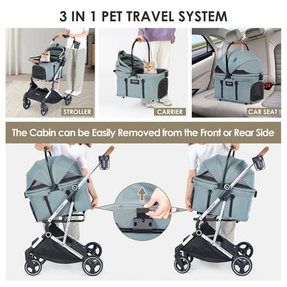 T3 Pro 3-in-1 Small Pet Stroller for Dog & Cats, 4 Wheels with Detachable Carrier with Pad, Canopy and Cup Holder, Green