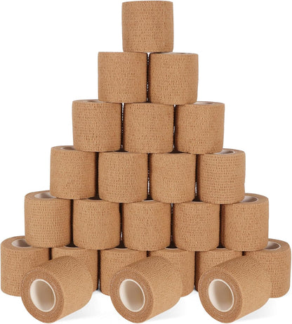 24 Pack Self Adhesive Bandage Wrap, 2” x 5 Yards Cohesive Medical Tape Elastic Grip Tape Sports Tape Athletic for Ankle, Wrist Sprains, Pet First Aid (Brown, 2 Inch)