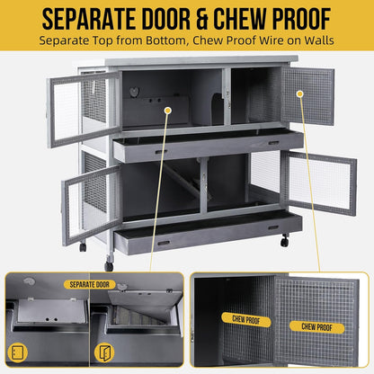 Rabbit Hutch Bunny Cage Indoor Outdoor with Wheel Deeper Tray Chew Proof Guinea Pig Cages 2 Decks Large Rabbit House with 4 Wooden Doors Weatherproof 41.3" L*17.3" W*41.3" H