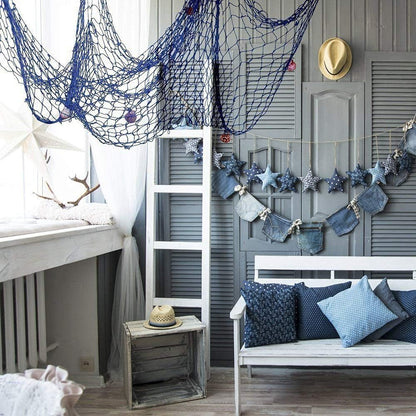 Nature Fish Net Wall Decoration with Shells, Ocean Themed Wall Hangings Fishing Net Party Decor for Pirate Party,Wedding,Photographing Decoration (Fishnet-2pack-Beige & Blue)