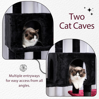 Hey-brother Cat Tree Tower, Scratching Posts with a Extended Part, Wide Platforms, Cozy Condos, Hammocks, Sisal Columns and Ball for Indoor Cats, 70.1 Inches, Black and Red MPJ038BR