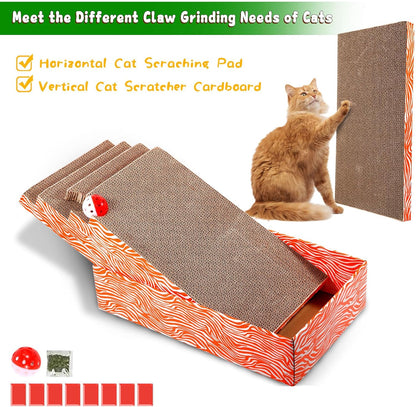 Cat Scrather Box with 4 pcs Large Scratching Cardboard and Toy Ball, Catnip, 4 in 1 Large Refillable & Reversible Cat Scratcher Pad, Cardboard Cat Bed for Big Medium Small Lazy Kitty