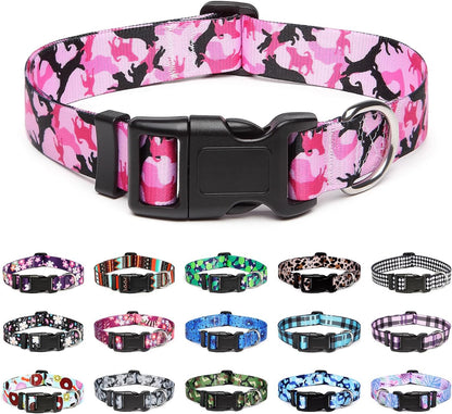 Mercano Adjustable Dog Collar - Special Design Patterns, Soft Nylon Comfortable Durable Pet Collar for Small Medium Large Dogs (S, Dog Camouflage Pink)