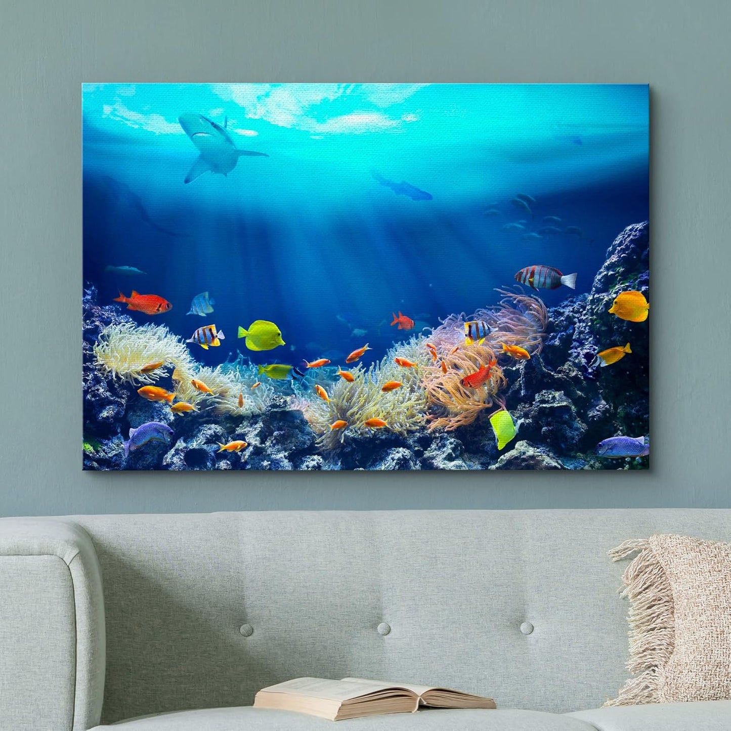 wall26 Canvas Print Wall Art Shining Sunlight Coral Reef Shark & Fish Nature Animals Photography Realism Rustic Scenic Landscape Wilderness Earth Colorful for Living Room, Bedroom, Office - 24"x36"