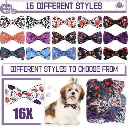 16 Pieces Dog Bow Ties Slide Dog Collar Bows Summer Hawaiian Styles Dog Collar Attachment Bows with Rubber Bands Dog Bow Ties for Large Dogs Spring Summer Grooming Independence Day (Horror Style)