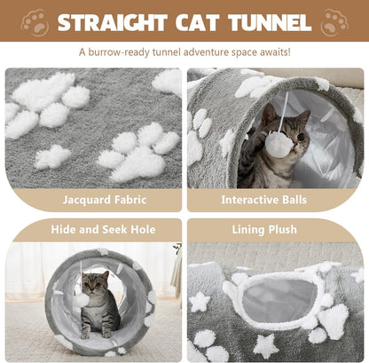 Straight Cat Tunnel for Indoor Cats 47"x12", Cute Cat Toys Collapsible Tunnel Tube with Balls for Puppy Kitten Rabbit, Grey Paw