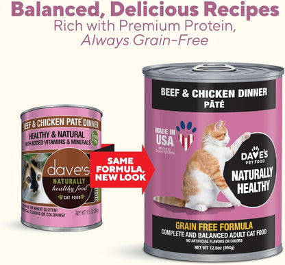 Dave's Pet Food Grain Free Wet Cat Food Pate (Beef & Chicken), Made in USA Naturally Healthy Canned, 12.5 oz Cans (12 Pack)