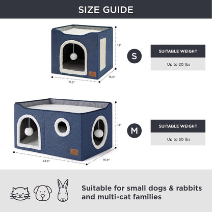 Bedsure Large Cat Beds for Indoor Cats - Extra Wide Cat Cube House for Small Pet with Fluffy Ball Hanging and Scratch Pad, Foldable Pet Cave Hideaway for Multiple Cats, 23.6x16.9x13 inches, Blue