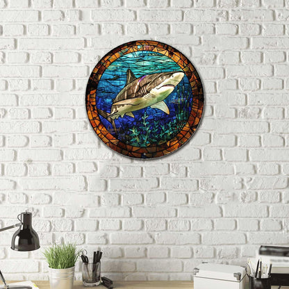 Lygond Metal Sign Tin Sign Circular Stained Glass Shark Vintage Decor For Club 12×12 Inches