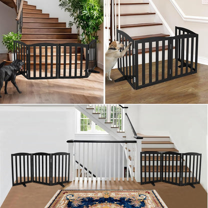 ZJSF Foldable Freestanding Indoor Dog Gate for House Wood Long Pet Gates Dog Fence for Stairs Puppy Gates for Hallways, Puppy Gate,Support Feet Included, Black, 32 "Height-6 Panels