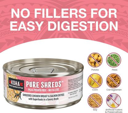 KOHA Pure Shreds Chicken and Salmon Entrée for Cats, High Protein Wet Cat Food, 5.5oz Cans (Pack of 12)