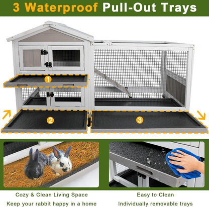 Rabbit Hutch Outdoor Indoor Bunny Hutch with Run 2-Story Large Rabbit Cage on 6 Wheels, 3 Leak Proof Trays, Ramp, Waterproof Roof for Small to Medium Animals, Expandable Design