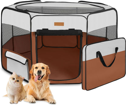 Dog Playpen, Portable Pet Play Pen for Cat, Puppies, Rabbits, Chickens, Foldable Large-Capacity Pet Tent for Indoor/Outdoor Travel Camping Brown