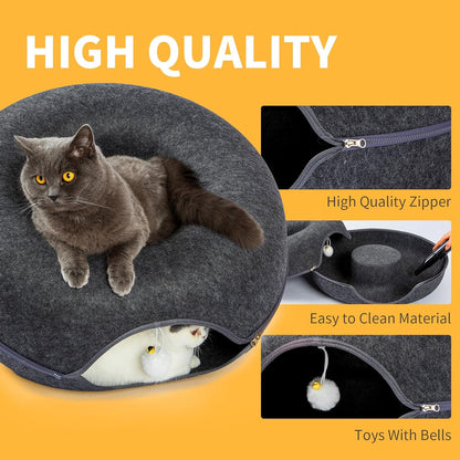 Jia Xi Indoor Cat Hideout Tunnel Bed - Donut Cat Condo and Cave - Dark Grey (20 in * 20 in * 8 in)