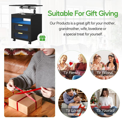 HNEBC Nightstand with Wireless Charging Station, LED Nightstand Has Adjustable Rotary Workstation,Smart Night Stand with 2 Drawers,Modern Bedside Table for Bedroom, Sensor Light/Wheel (Black)