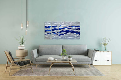 SYGALLERIER Abstract Coastal Metal Wall Art Handcrafted Big 3D Blue and Silver Artwork Modern Sea Waves Pictures Contemporary Sculpture for Living Room Bedroom Bathroom Decor