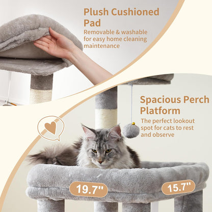 Heybly Heavy Duty Cat Tree, 71-Inch Tall Tower for Large Maine Coon with Extra-Large Baseboard, Cat Condo Furniture with Multi-Level Platforms, 2 Hammocks and 12 Scratching Posts, Light Gray HCT037W