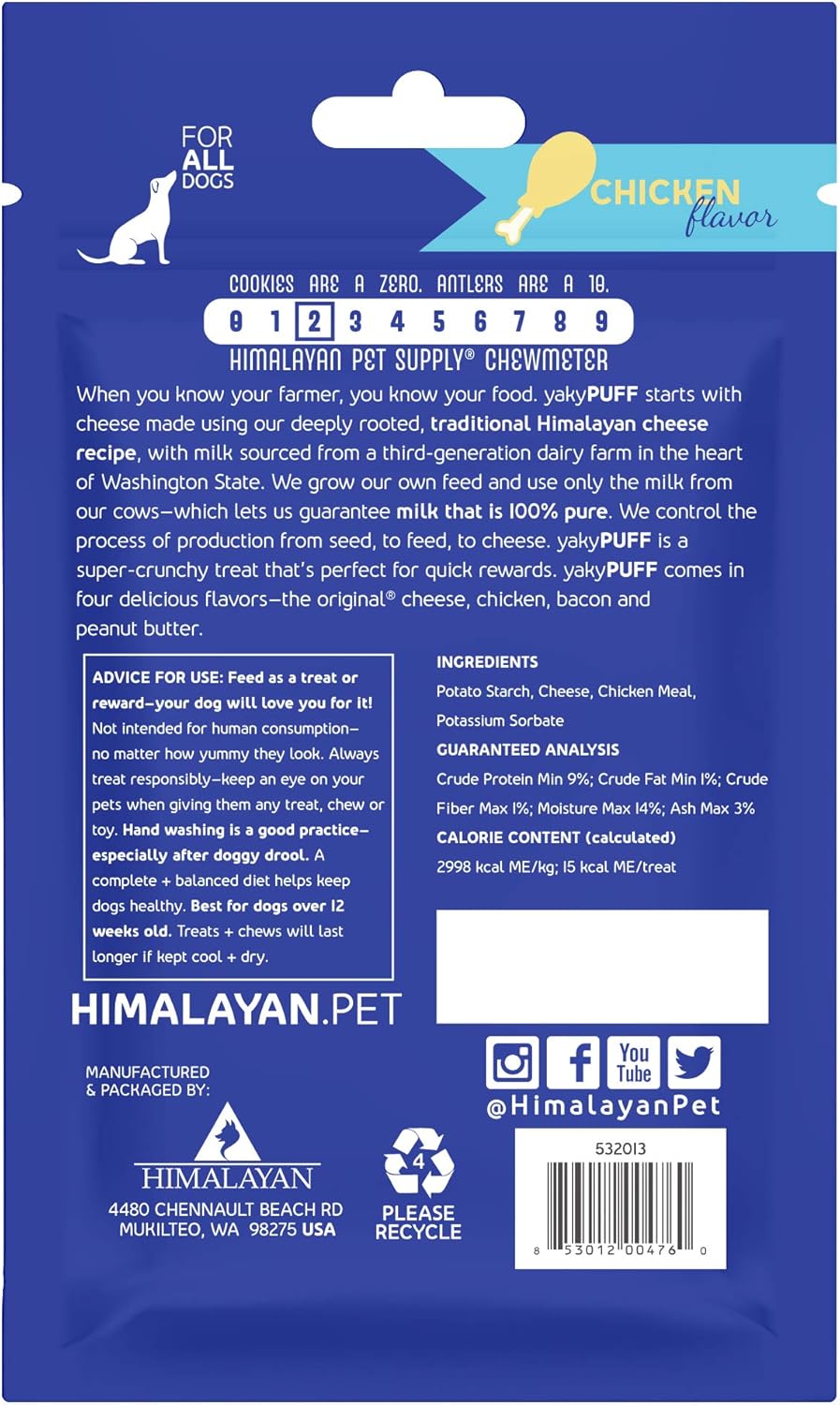 Himalayan Dog Chew Yak Cheese Treats, 100% Natural, Long Lasting, Gluten Free, Healthy & Safe, Lactose & Grain Free, Protein Rich, Chicken Flavor Flavor Crispy Puffed Treat, For All Breeds, 9.9 oz