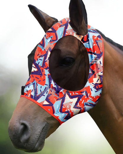 Harrison Howard Super Comfort Stretchy Fitting Horse Fly Mask with UV Protection Soft on Skin with Breathability Orange Geo Print Full Size