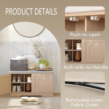 DINZI LVJ Shoe Bench, Entryway Storage Bench with Doors, Cushion, 2-Tier Shoe Rack with 6-Cubby, 31.5”L x 13.8”W Shoe Organizer Cabinet, Adjustable Shelf, Living Room, Bedroom, Natural