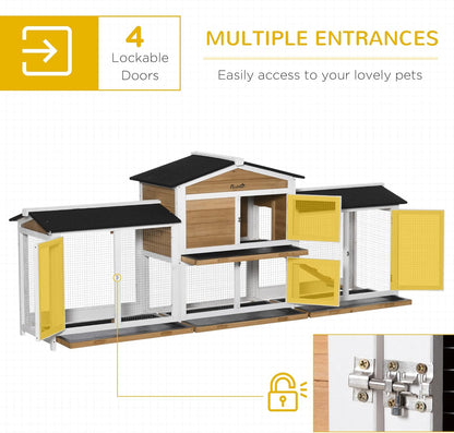 PawHut 90.5" Wooden Rabbit Hutch Bunny Cage Pet Playpen House Enclosure with Double Side Run Boxes, No Leak Tray, Ramp, for Rabbits, Chickens, Ducks, Guinea Pig and Small Animals, White