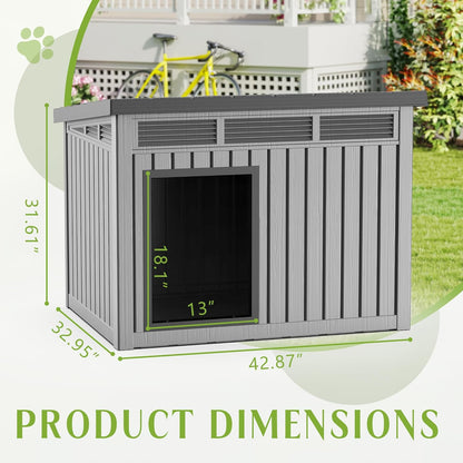 Dog House Indoor Outdoor,Resin Waterproof Puppy Shelter with Air Vents and Elevated Floor,Air Rod on Top to Open,Dog Kennel for Small to Large Dogs(Grey,42.87 * 32.95 * 31.61)