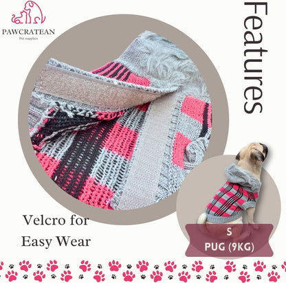 Cute Sweater for Dogs and Cats Soft Flannel Pet Outfit Warm and Cozy Animal Hoodie Small to Large Pet Clothes for Halloween Parties and Everyday Wear (Small, Pink Checkered with Hat)