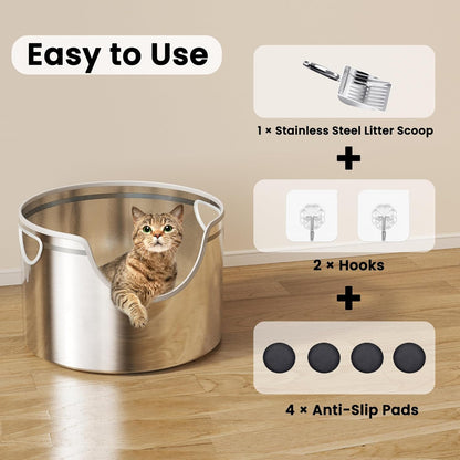 Stainless Steel Litter Box Metal with Integrated Round for XL/XXL Big and Multi Cats, 12" High Wall High Side, Odor Control, Easy to Clean, Durable, Includes Stainless Steel Scoop
