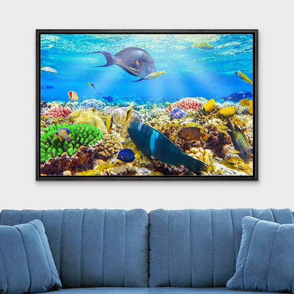 wall26 Framed Canvas Print Wall Art Sunlight Ocean Sea Coral Reef Anemone Fish Nature Animals Realism Rustic Scenic Landscape Wilderness Earth for Living Room, Bedroom, Office - 24"x36" Black