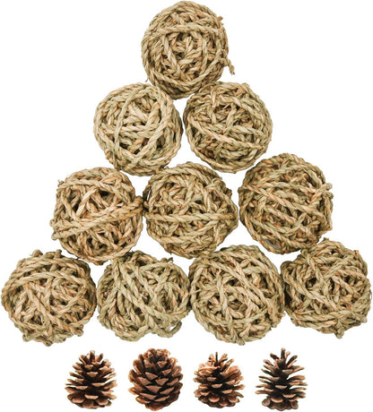 10 Pcs Small Animals Play Balls Rolling Activity Chew Toys Gnawing Treats for Rabbits Guinea Pigs Chinchilla Bunny Natural Balls, Pet Cage Entertainment Accessories(10Pcs)