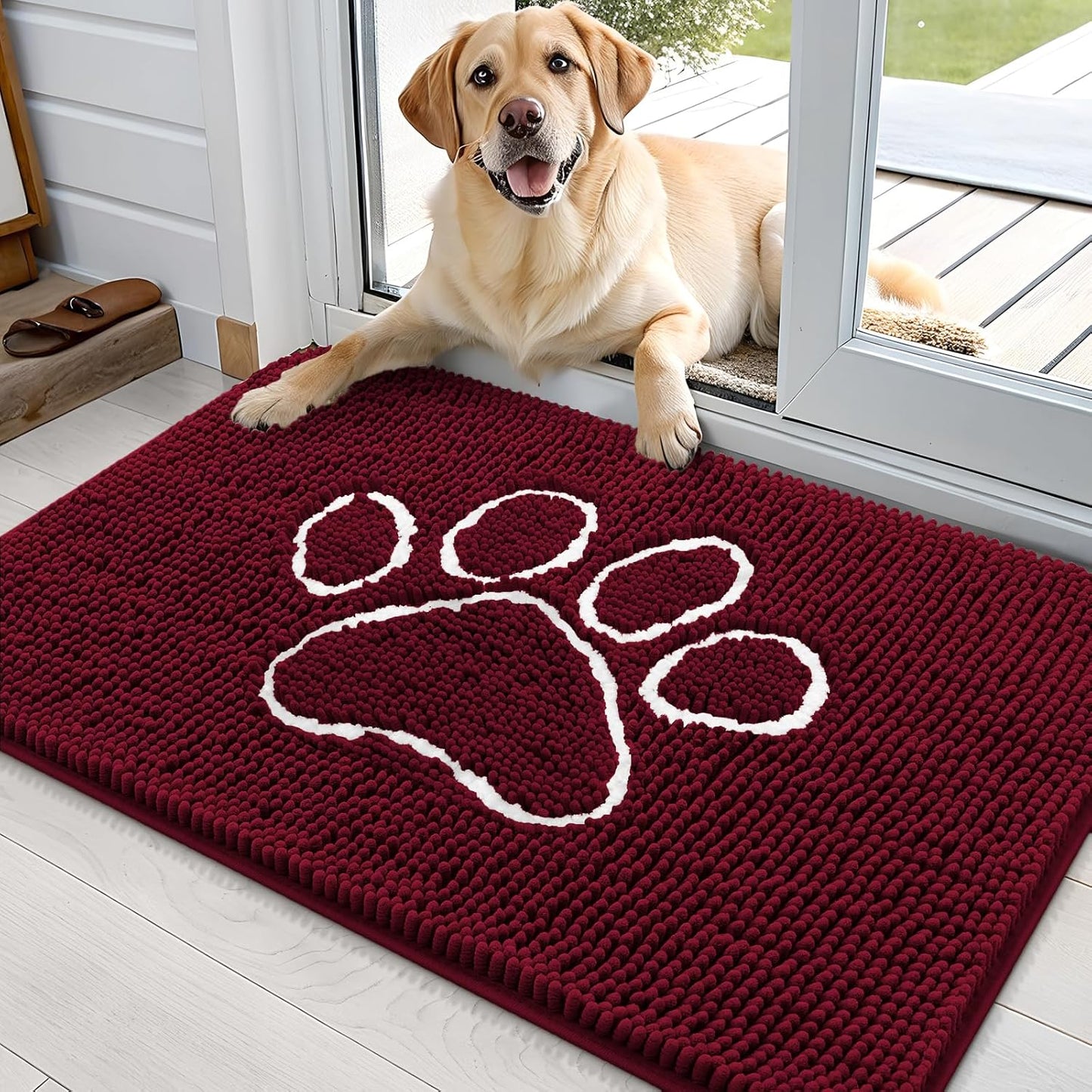 OLANLY Door Mat for Muddy Dog Paws 36x24, Ultra Absorbent Chenille Mud Doormat with Paw Print Design, Non-Slip Washable Doormat for Indoor Entryway, Quick-Dry Pet Bed Mats for Dirty Dogs, Burgundy