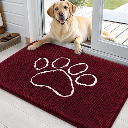 OLANLY Door Mat for Muddy Dog Paws 36x24, Ultra Absorbent Chenille Mud Doormat with Paw Print Design, Non-Slip Washable Doormat for Indoor Entryway, Quick-Dry Pet Bed Mats for Dirty Dogs, Burgundy