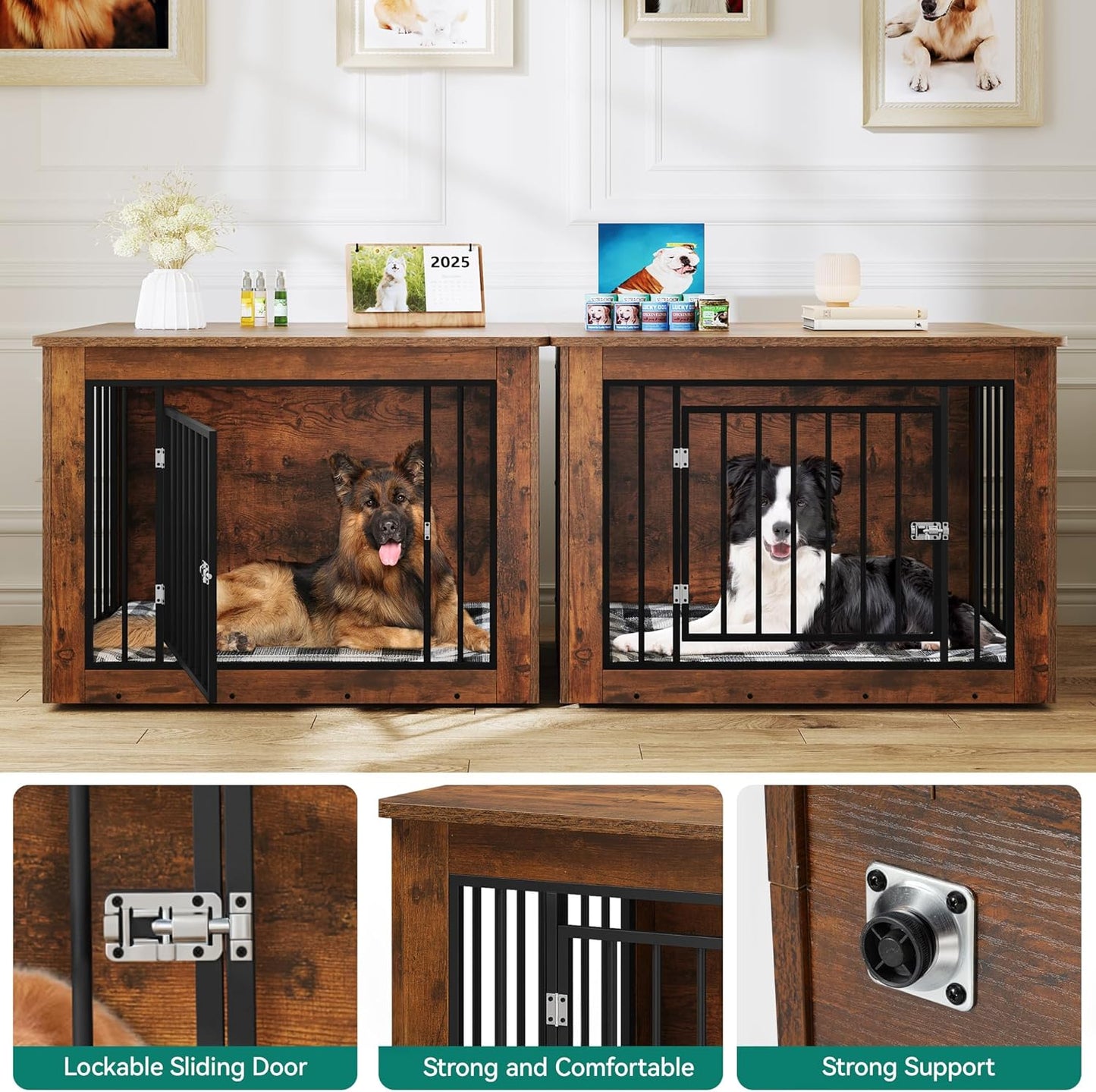 YITAHOME 76 Inch Double Dog Crate Furniture, XXL Dog Crate Furniture for 2 Dogs, Side End Table, Waterproof, Safety Corners, 2-in-1 Iron-Wood Fusion Dog Kennel Furniture for 2 Large Dogs,Rustic Brown