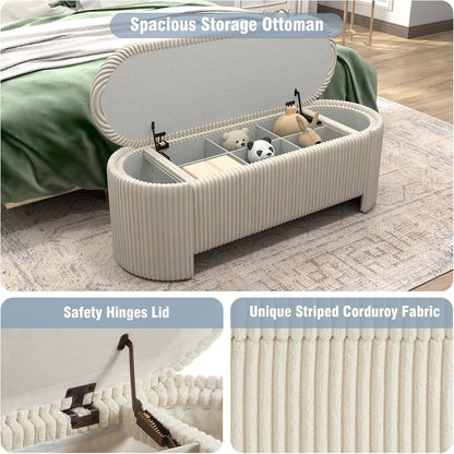 Storage Ottoman Bench Upholstered Corduroy End of Bed with Safety Hinge for Bedroom, Living Room, Entryway, Closet, Stool Modern Design Legs, No Installation Needed, White