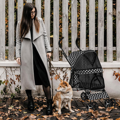 MoNiBloom 4 Wheels Pet Stroller, Easy-Fold Umbrella Shaped Dog Cat Jogger Stroller w/Storage Bag & Visible Mesh for Small/Medium Dogs Cats Black Polka Dots