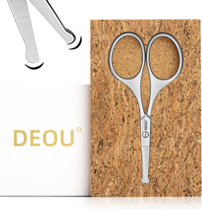 DEOU Silver Stainless Steel Round Nose Safety Scissors - Compact Facial Hair Trimming Tool for Men's Nose, Eyelashes, Eyebrows, Beard & Pet Grooming