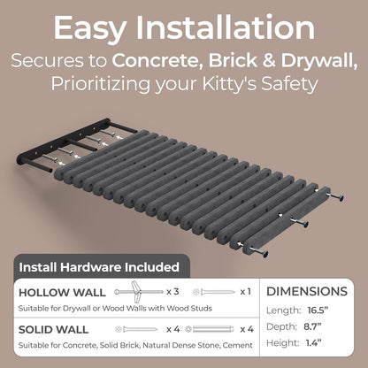 Wall Mounted Cat Perch Long Shelf by Pryde Pets - Floating Hammock Bed, 100% Sustainable PET Felt Feline Enrichment Climber Furniture for Indoor Cats, Modern Climbing Gym Jungle Design (Charcoal)