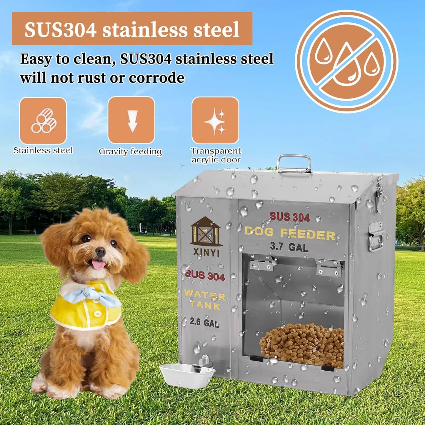 XINYI Automatic Dog Feeder and Waterer 2-in-1,SU304 Stainless Steels 2.6 Gallon Water Tank with 1 Aluminum Alloy Water Cup, 3.7 Gallon Dog Food Dispenser,Automatic Feeder for Pets, Breed, Cat