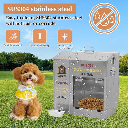 XINYI Automatic Dog Feeder and Waterer 2-in-1,SU304 Stainless Steels 2.6 Gallon Water Tank with 1 Aluminum Alloy Water Cup, 3.7 Gallon Dog Food Dispenser,Automatic Feeder for Pets, Breed, Cat