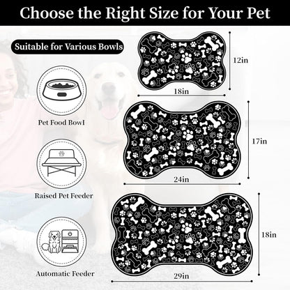 Dog & Cat Food Mat Bone Shaped Pet Feeding Mat Quick Absorb Water Bowl Placemat with Rubber Backing Indoor Floor Stain Resistant Pet Accessory Supplies (Black, 17x29 Inches)