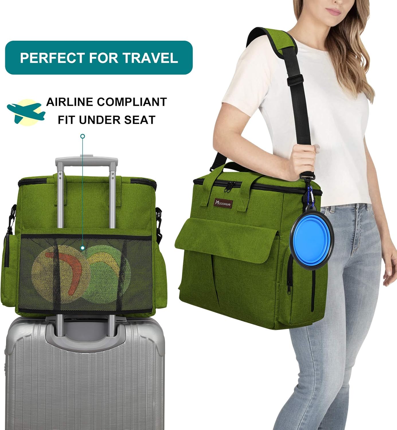 Modoker Dog Travel Bag, Weekend Pet Travel Set for Dog and Cat, Airline Approved Tote Organizer with Multi-Function Pockets and 2 Food Storage Containers, 2 Collapsible Bowls, 1 Feeding Mat (Green)