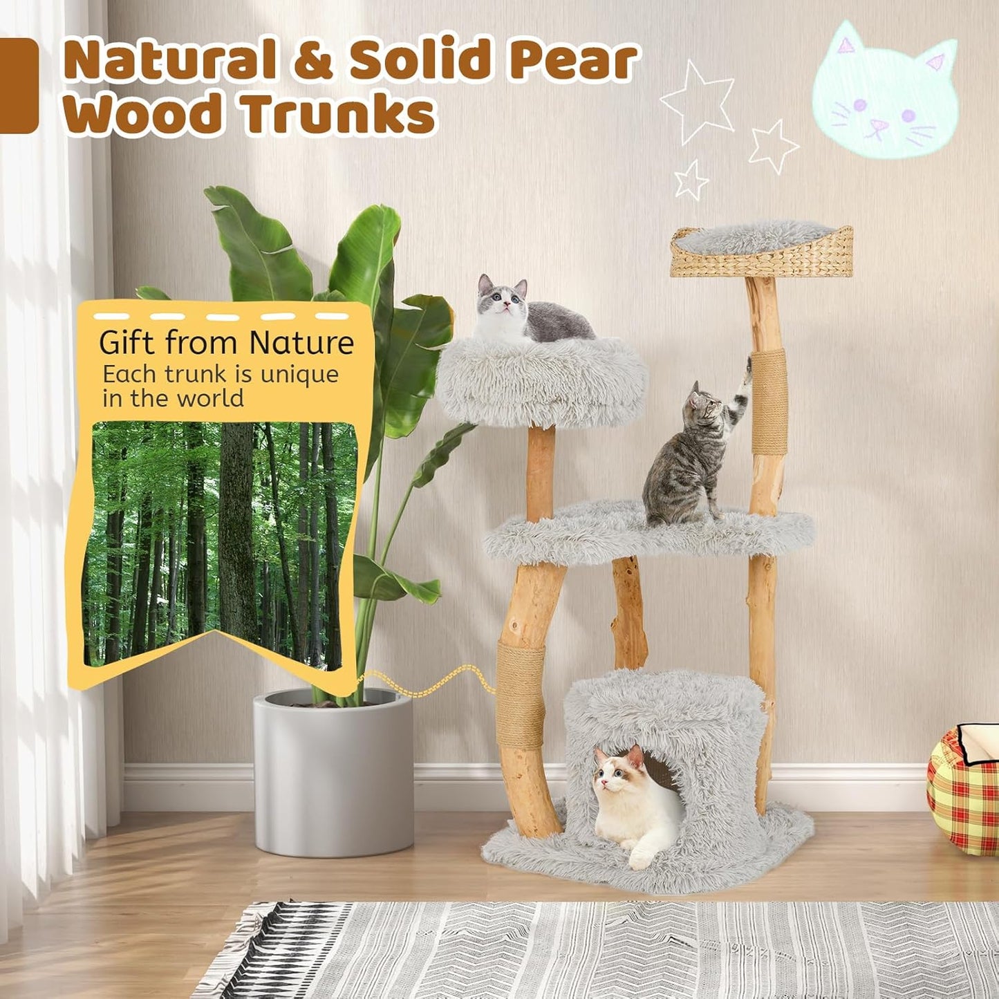 Tangkula Cat Tree Tower, Solid Wood Modern Cat Tower with Top Cattail Basket Bed, Side Perch, Large Platform & Cat Condo, Cute Cat Tree with Scratching Posts for Indoor Cats Large Adult