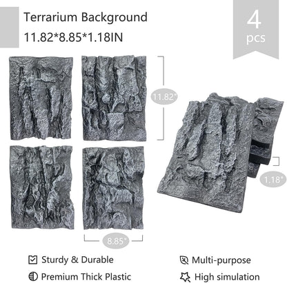 4pcs Rock Terrarium Background,3D Reptile Tank Background Board,Amphibian Stereo Backdrop Wall,Lizard Snake Gecko Spider Chameleon Turtle Fish pet silo Background Decorative Panel