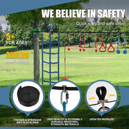 Slsy Ninja Warrior Obstacle Course for Kids, 50FT Durable Ninja Slackline Kit with 8 Complete Accessories, Playset Equipment with Swing, Climbing Net, Ladder & Monkey Bars (8 Obstacles)