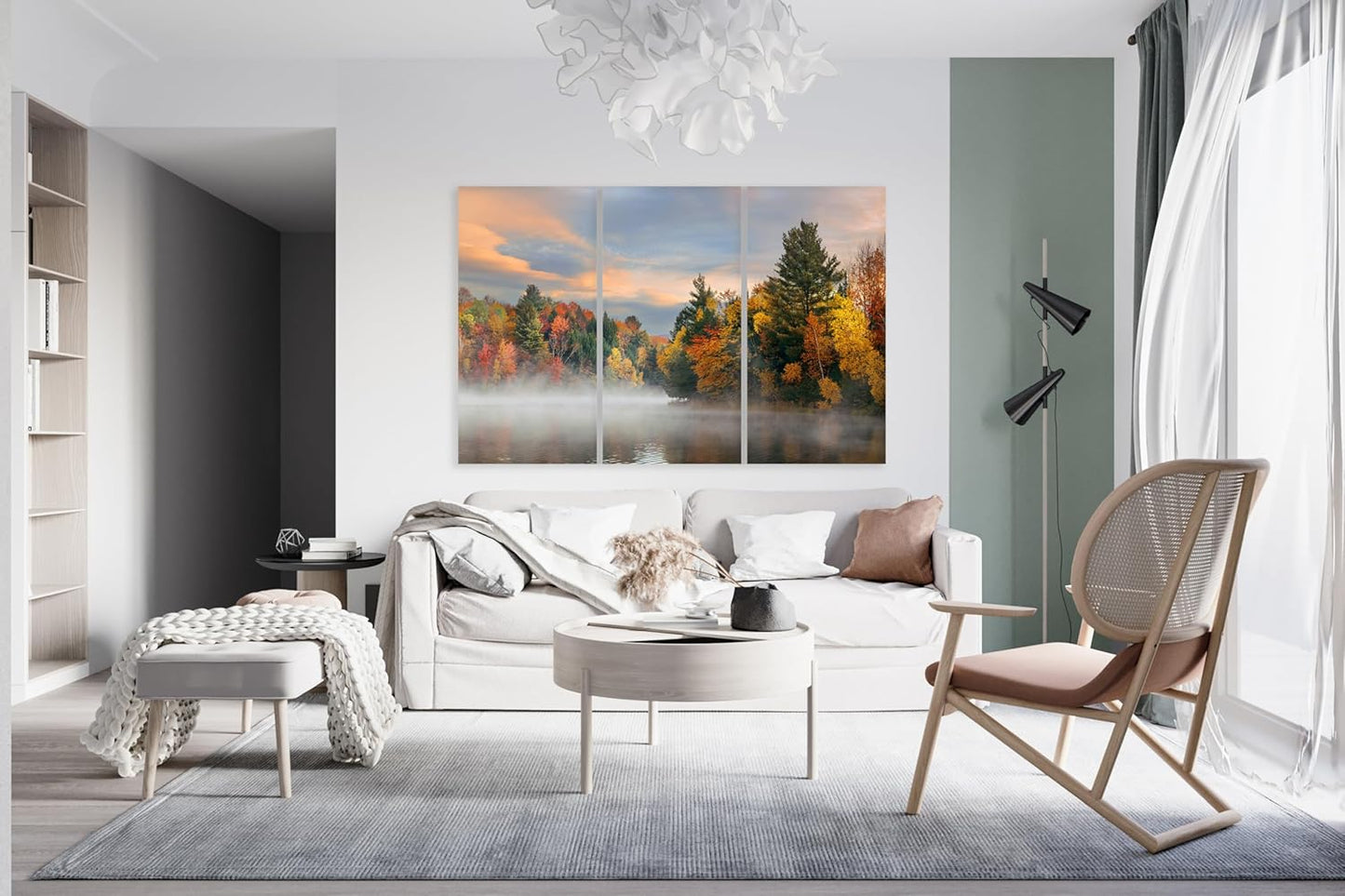 Nature Wall Art Prints - Ocean Forest Mountain Lake Canvas Landscapes - Small to Extra Large Living Room Bedroom Kitchen Bathroom Décor (Misty Fall Reflection, 55L" x 83W"- 3 Panels)