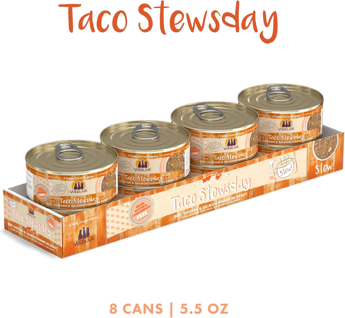 Weruva Classic Cat Stews!, Taco Stewsday with Beef, Chicken & Salmon in Gravy, 5.5oz Can (Pack of 8)