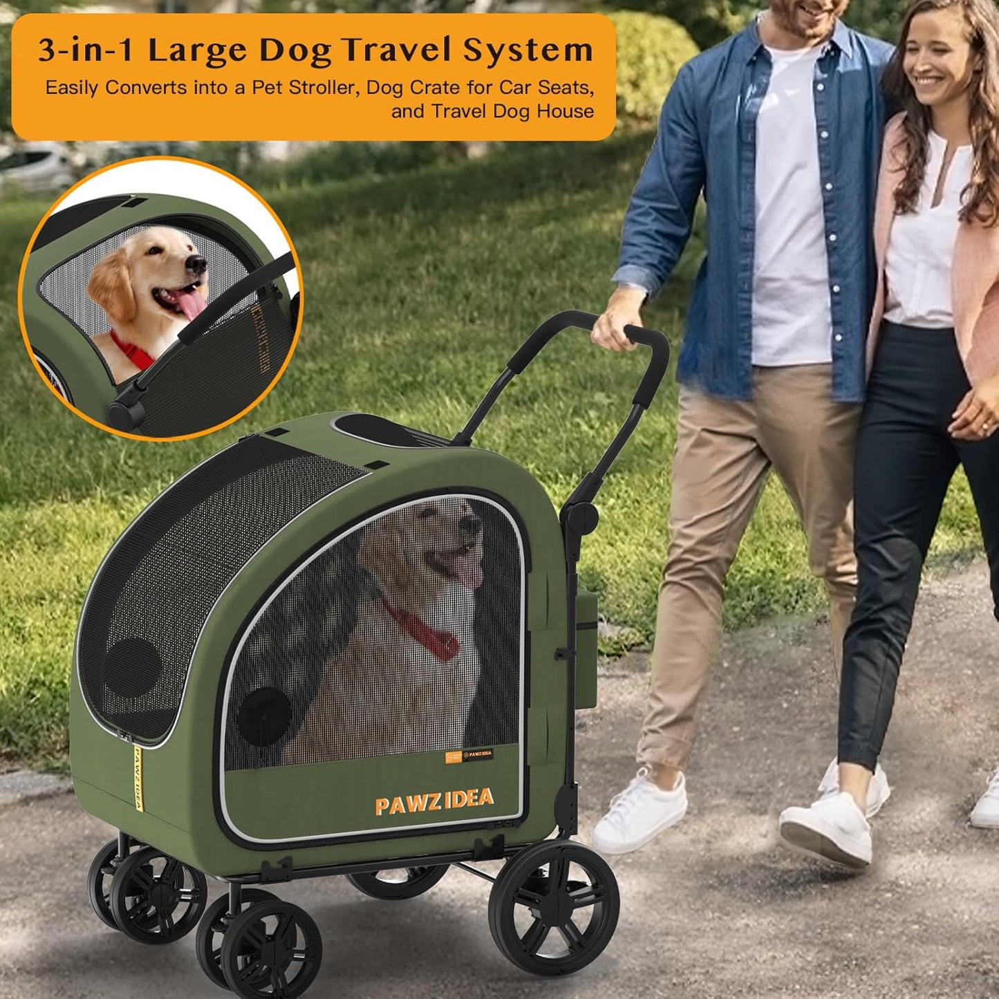 PAWZIDEA Dog Stroller for Large Dogs, Collapsible Pet Stroller with Detachable Carrier, Portable Dog Crate for Car Seat, Adjustable Handle, All-Terrain 9” Wheels, Ideal for Travel & Outdoor Adventures